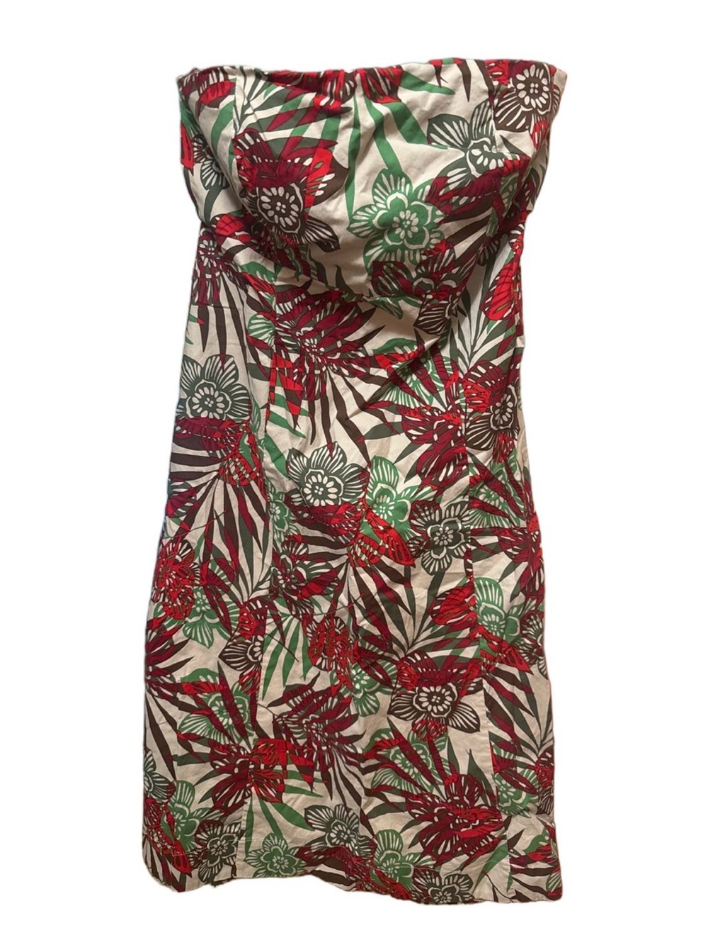 GAP Strapless Floral Print Dress in Red, Green, Brown on Cream
